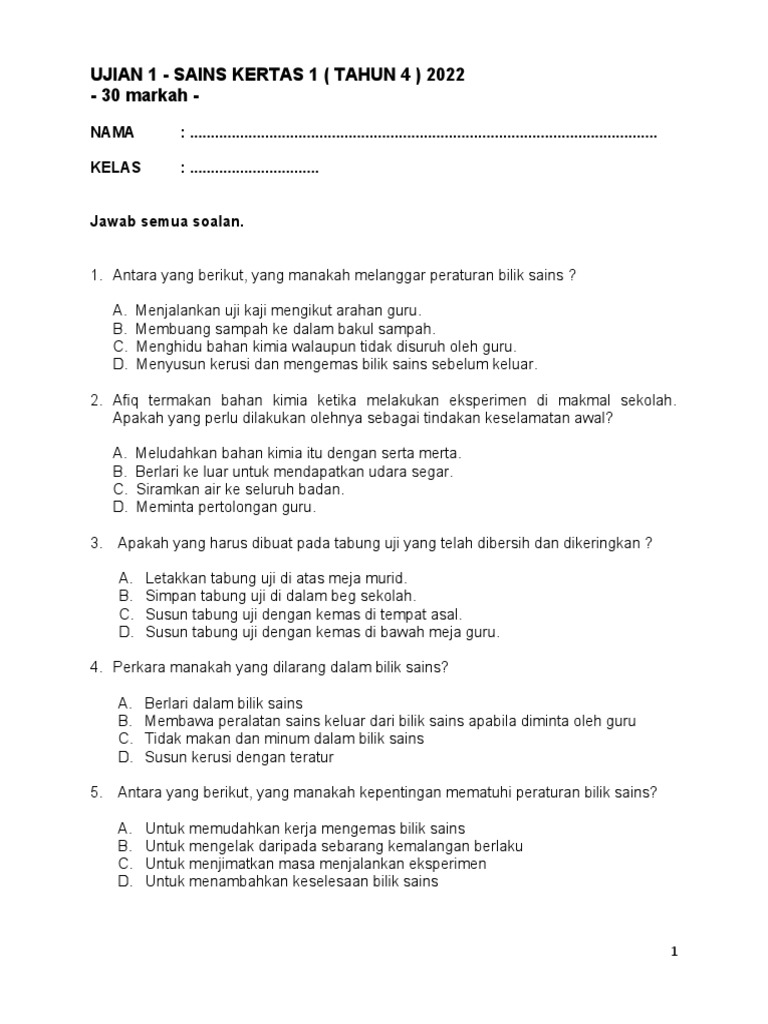 SAINS - TAHUN 4 Kertas 1 | PDF