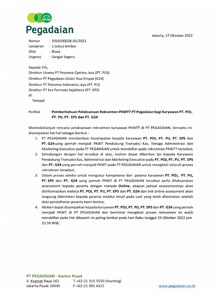 Surat Rekrutmen PKWTT PTK To Anak Perusahaan (Rev2) | PDF