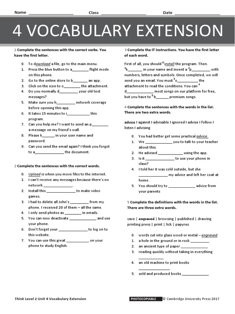 THINK L2 Unit 4 Vocabulary Extension | PDF | Password | Computing