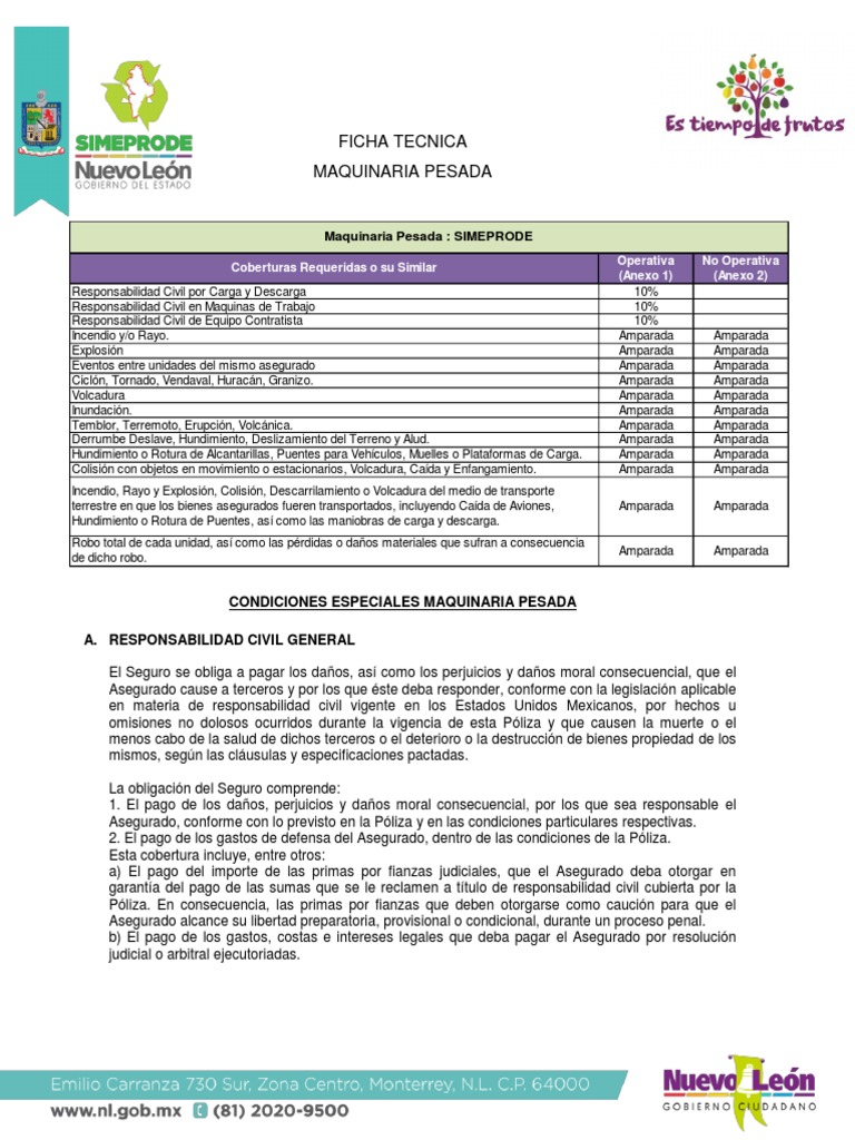 Ficha Técnica de Maquinaria Pesada | PDF | Póliza de seguros | Seguro