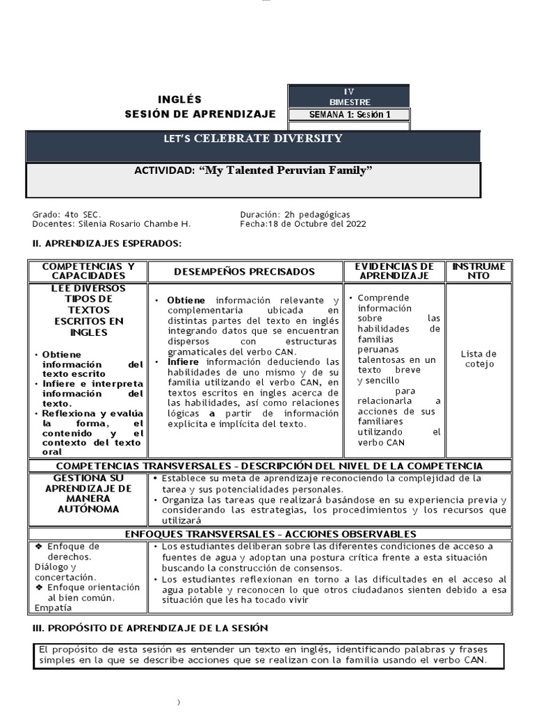 1 Sesion Semana 1 Ingles 10 20 2022 Abril 5 | PDF | Aprendizaje ...