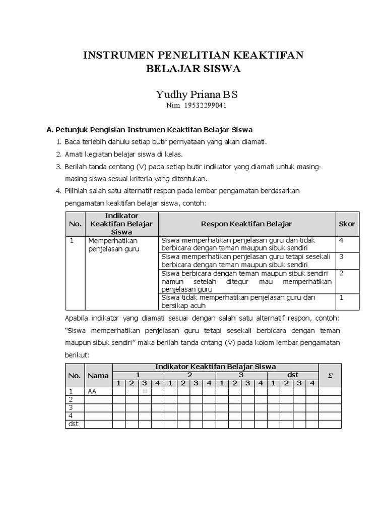 Instrumen Penelitian Keaktifan Siswa | PDF