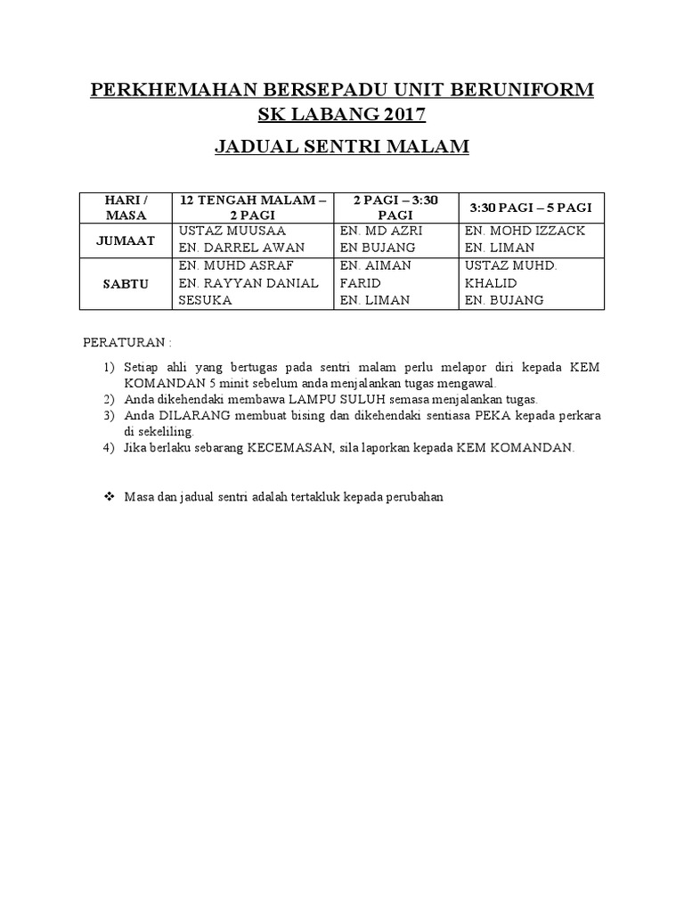 Jadual Sentri Malam SKL | PDF