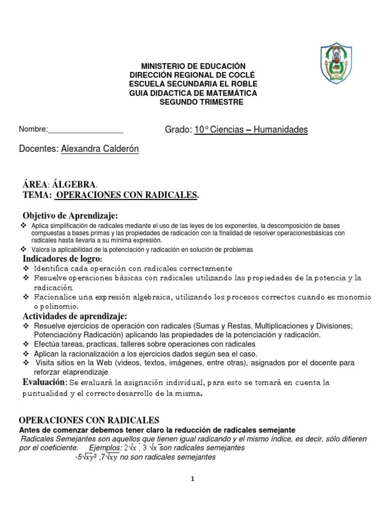 Operaciones Con Radicales Pdf Multiplicación Exponenciación