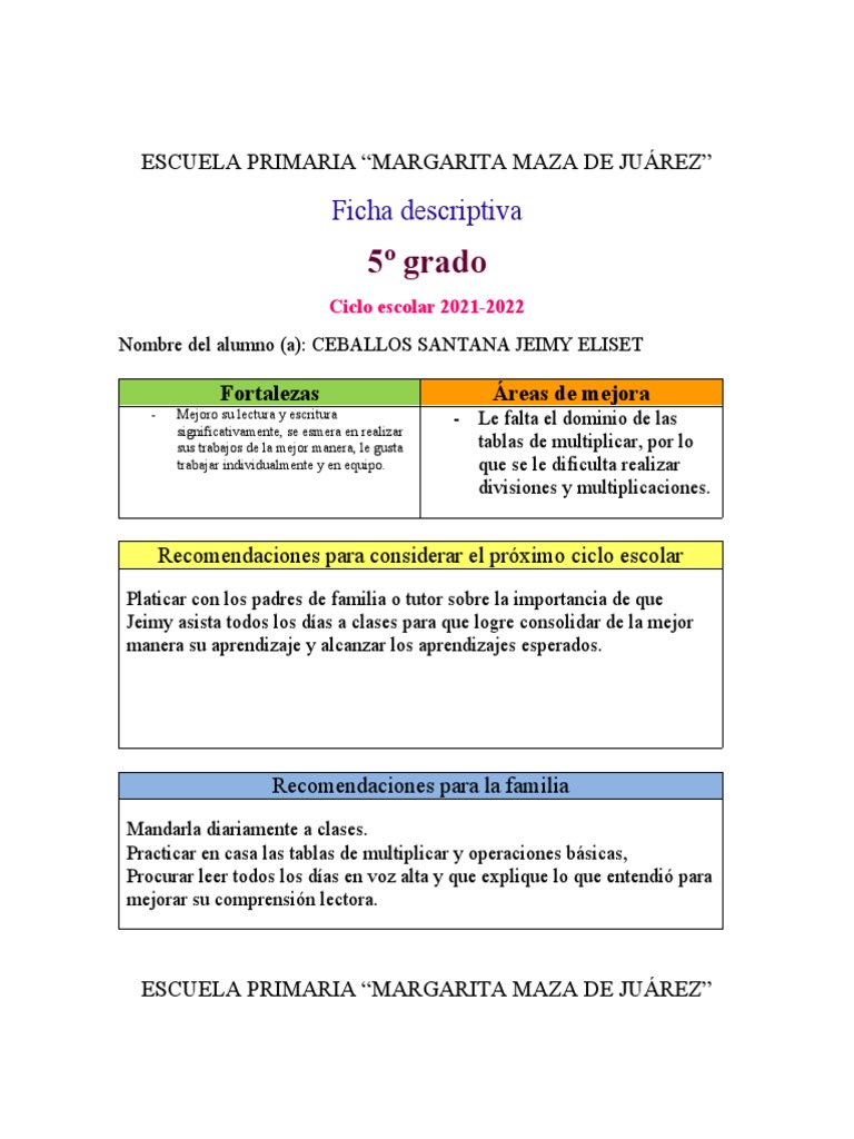Fichas Descriptivas 5º Grado Primaria | PDF | Educación primaria