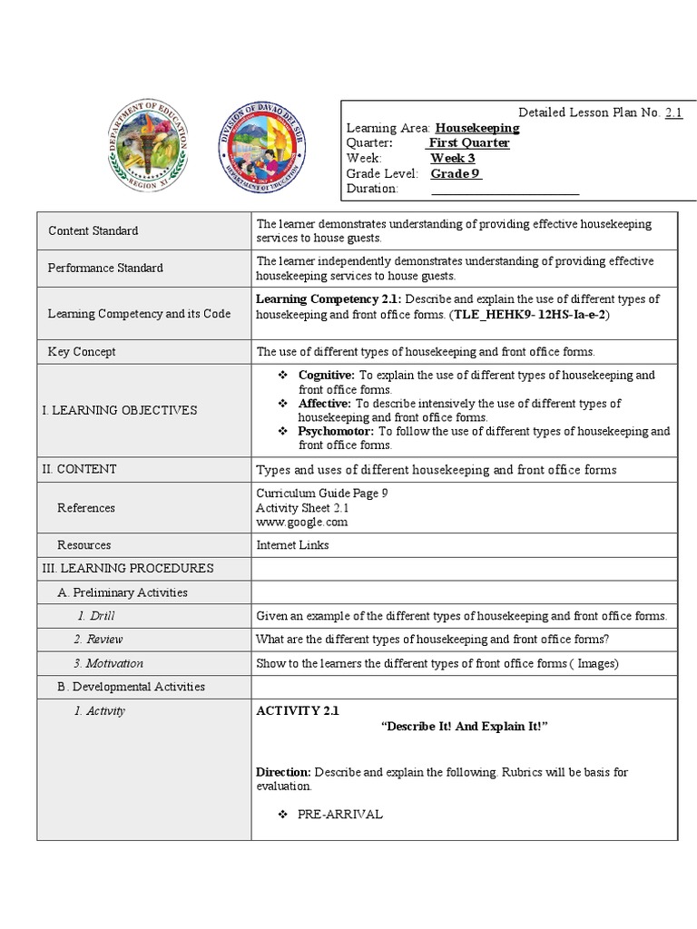 Q1 Wk3 DLP Housekeeping PDF Learning Lesson Plan