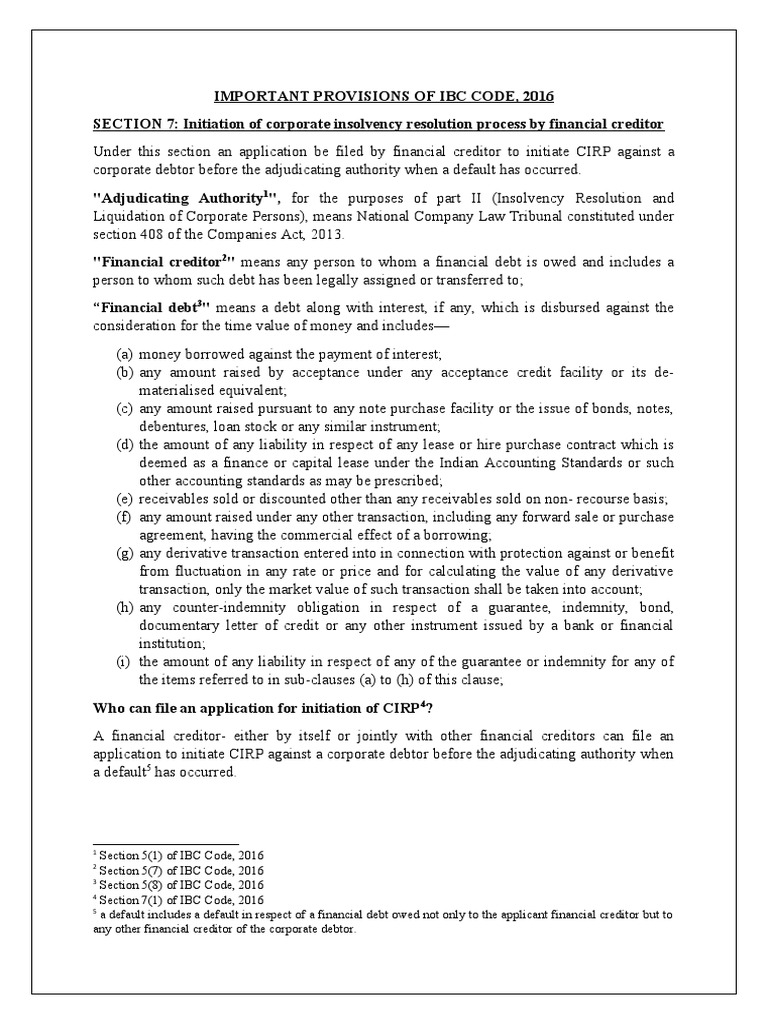 Important Provisions of Ibc Code PDF Bankruptcy Affidavit