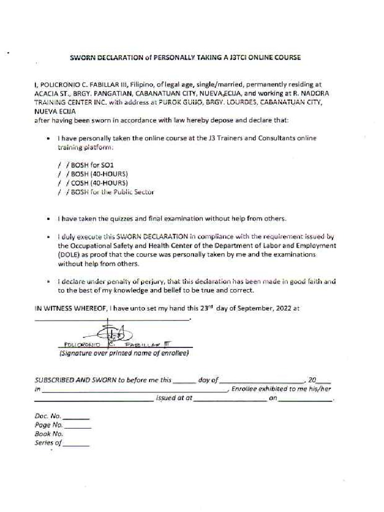 Sworn Declaration Policronio PDF