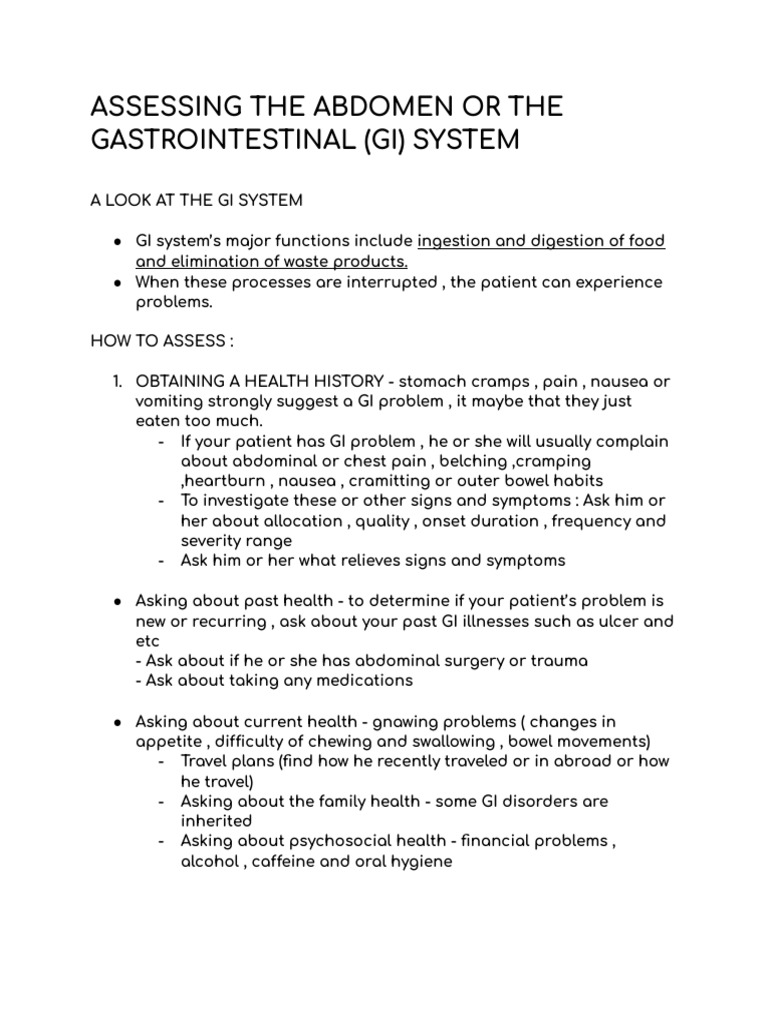 Assessing The Abdomen or The Gastrointestinal (Gi) System PDF Nausea Causes Of Death