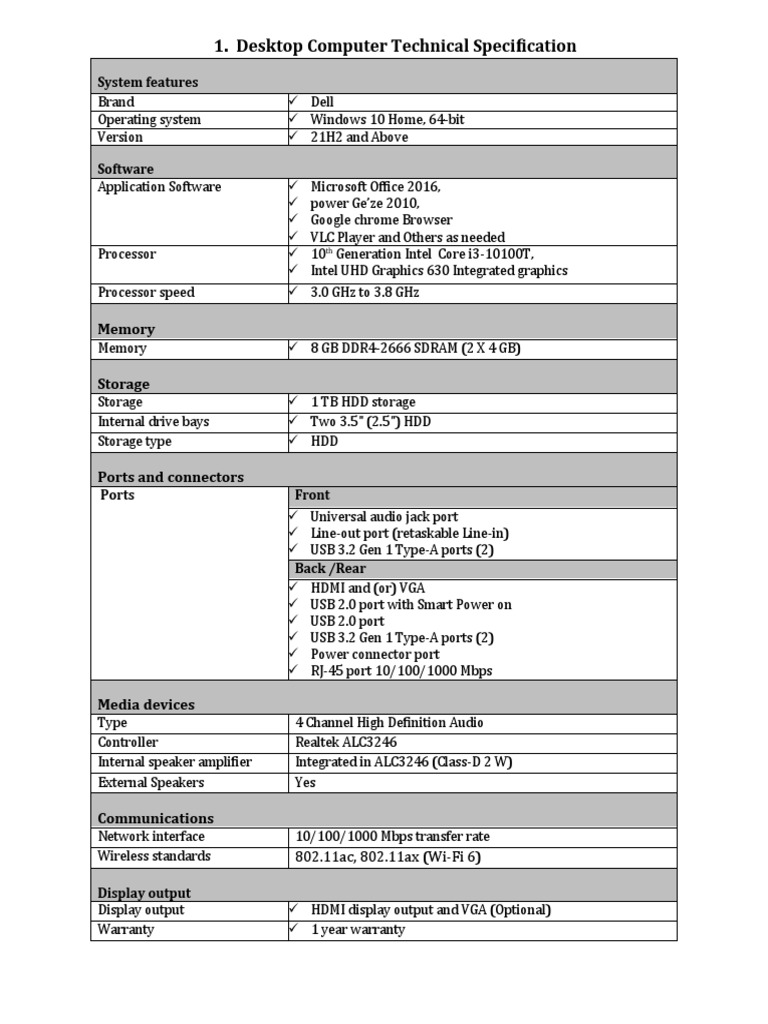 Desktop Computer Technical Specification | PDF | Printer (Computing) | Usb