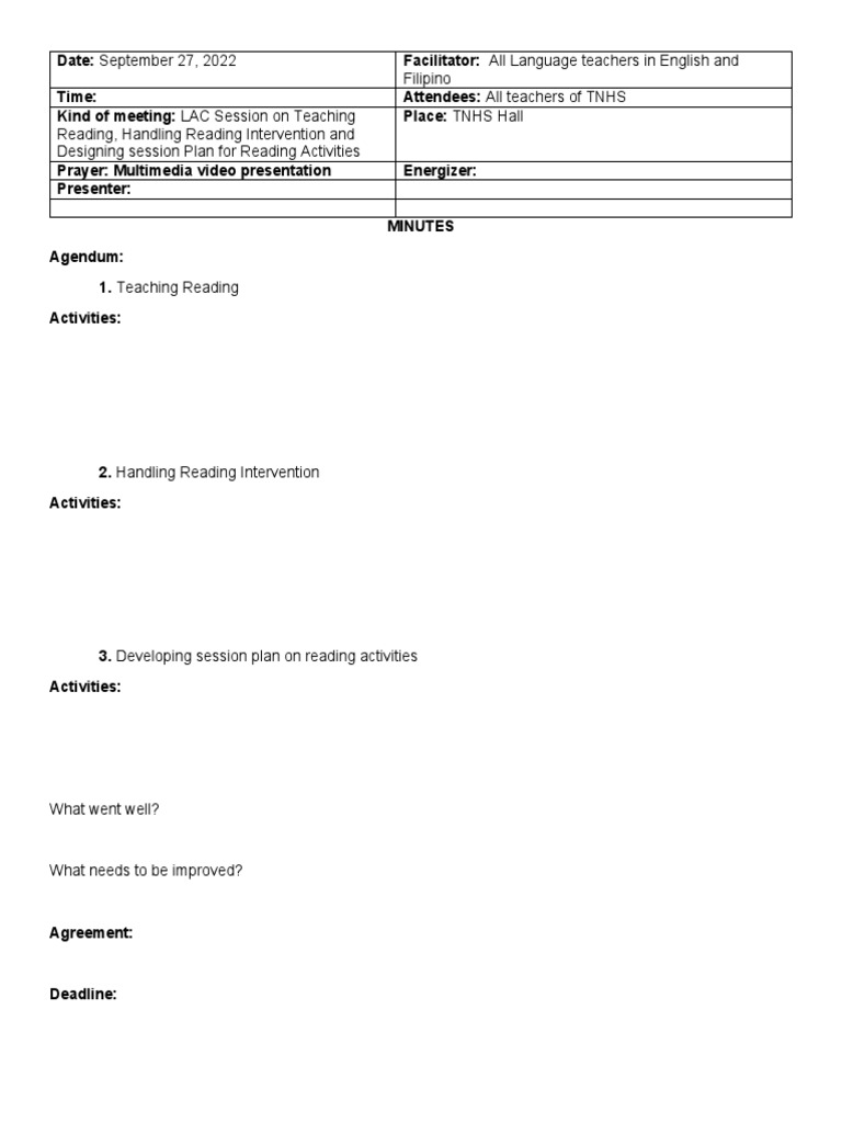 LAC Session Minutes: Teaching Reading | PDF