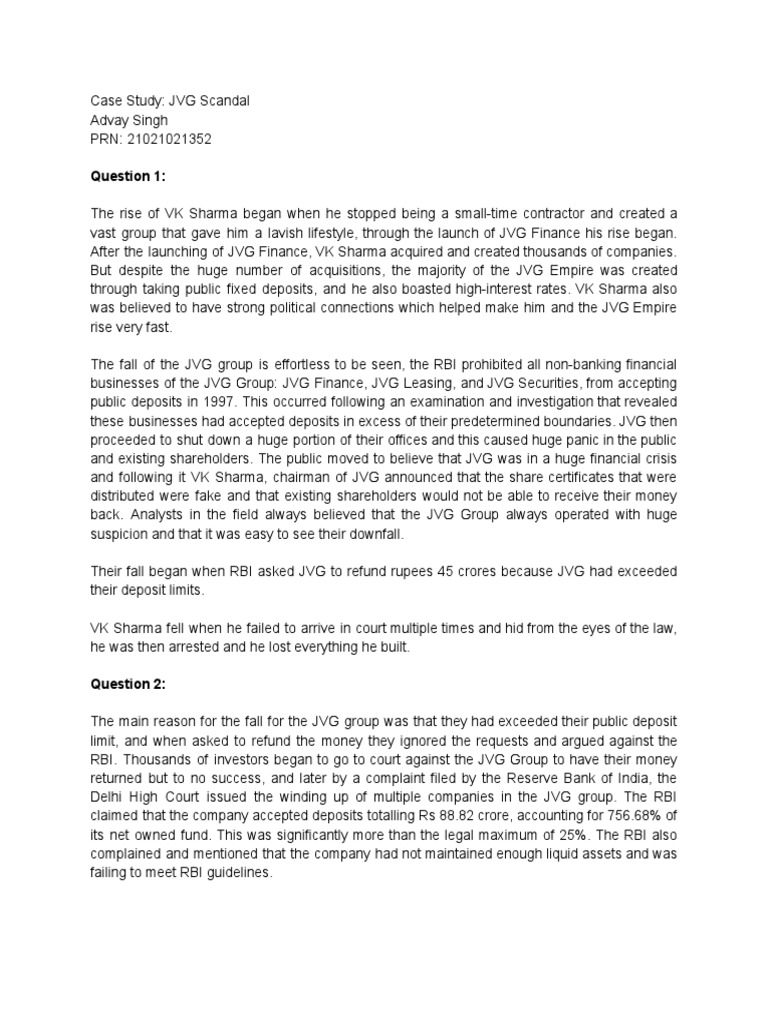 Case Study - JVG Scandal | PDF | Reserve Bank Of India | Financial Services