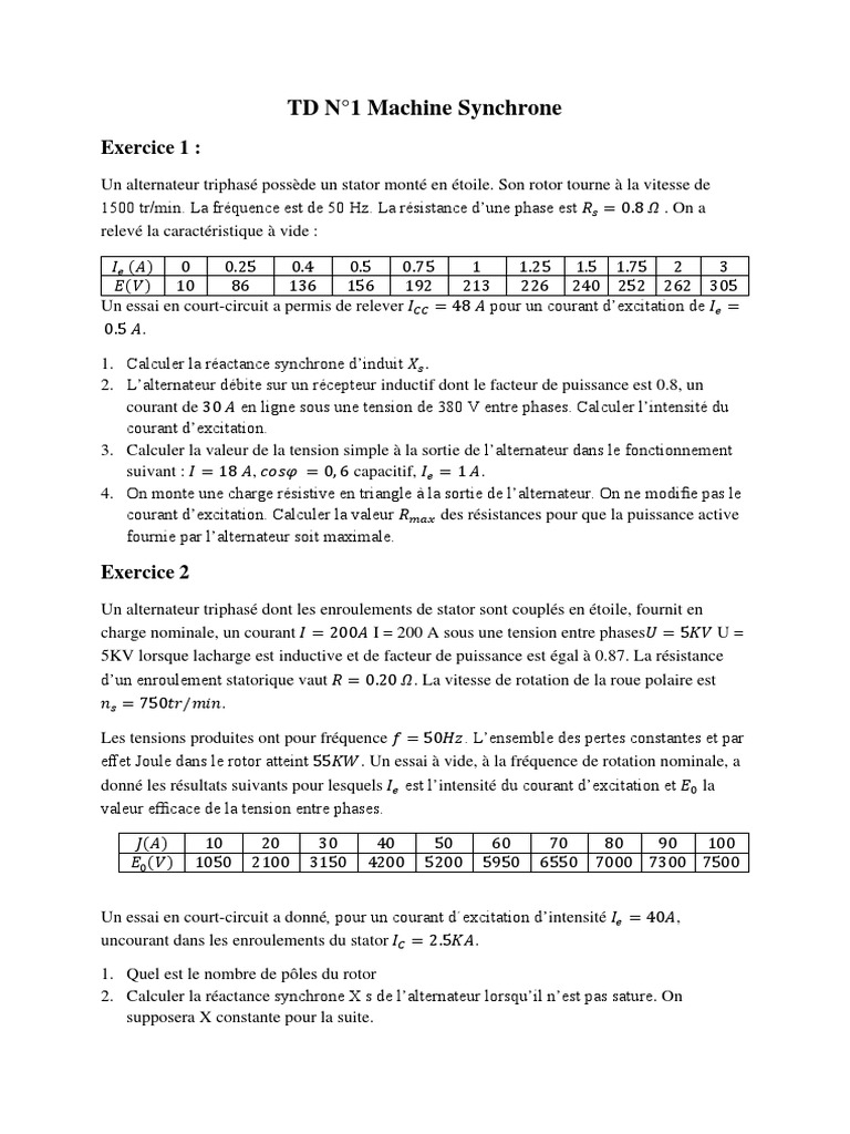 TD Machines Synchrones : Exercices Corrigés | PDF | Puissance (physique ...
