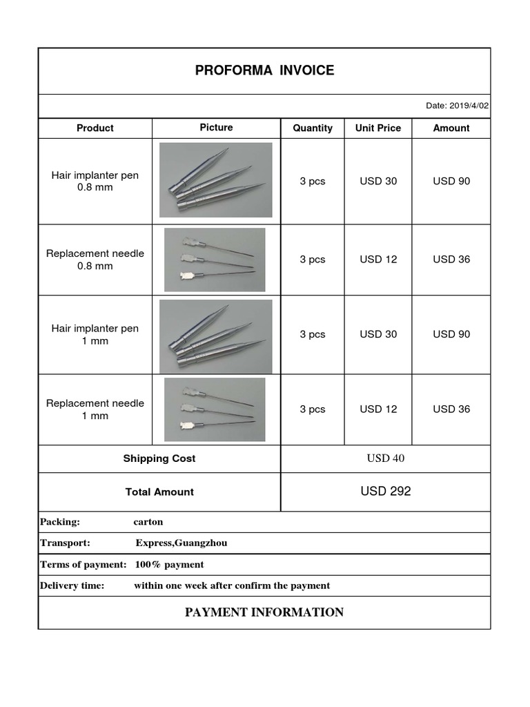 Proforma Invoice-Hair Implanter Pens and Replacement Needles | PDF