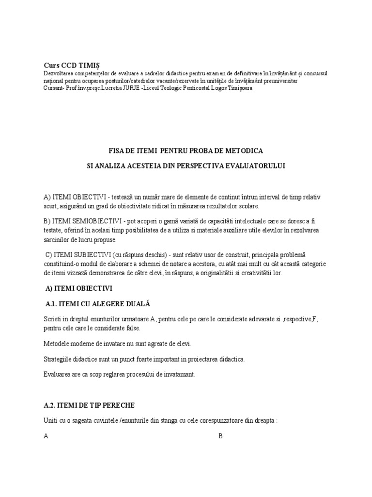 Fisa de Itemi Pentru Proba de Metodica Si Analiza Acesteia | PDF