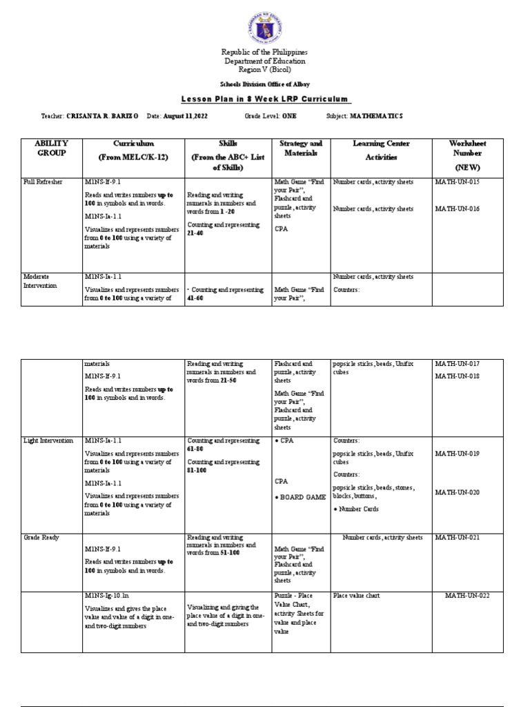 Grade 1 8-Week Math Lesson Plan | PDF | Teachers | Worksheet