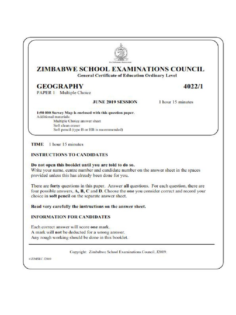 Zimsec O Level Geography June 2019 Past Exam Paper 1 With Answers PDF
