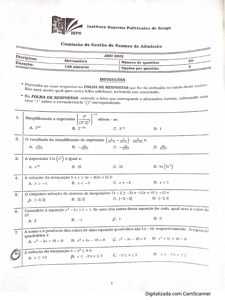 Exame de Admissão Matemática 2022 | PDF