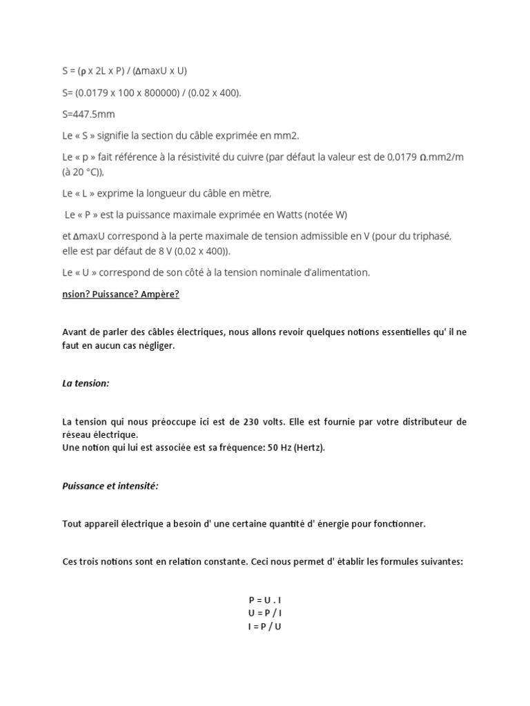 Calcul Section Cable) | PDF | Puissance (physique) | Résistance ...