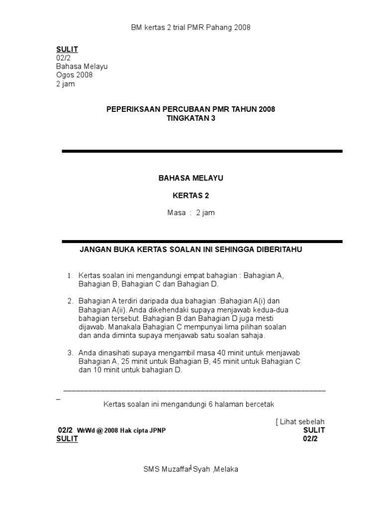 Pahang Percubaan Pmr 2008 Bm Kertas 2 Jwp Pdf