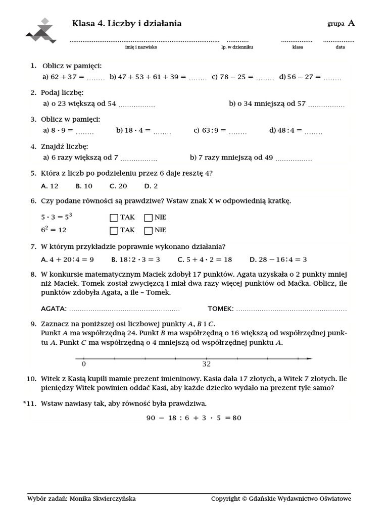 Ułamki Algebraiczne Równania Wymierne Praca Klasowa Nr 1