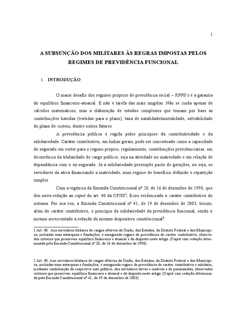 A Subsunção Dos Militares Às Regras Impostas Pelos Regimes de Previdência Funcional PDF