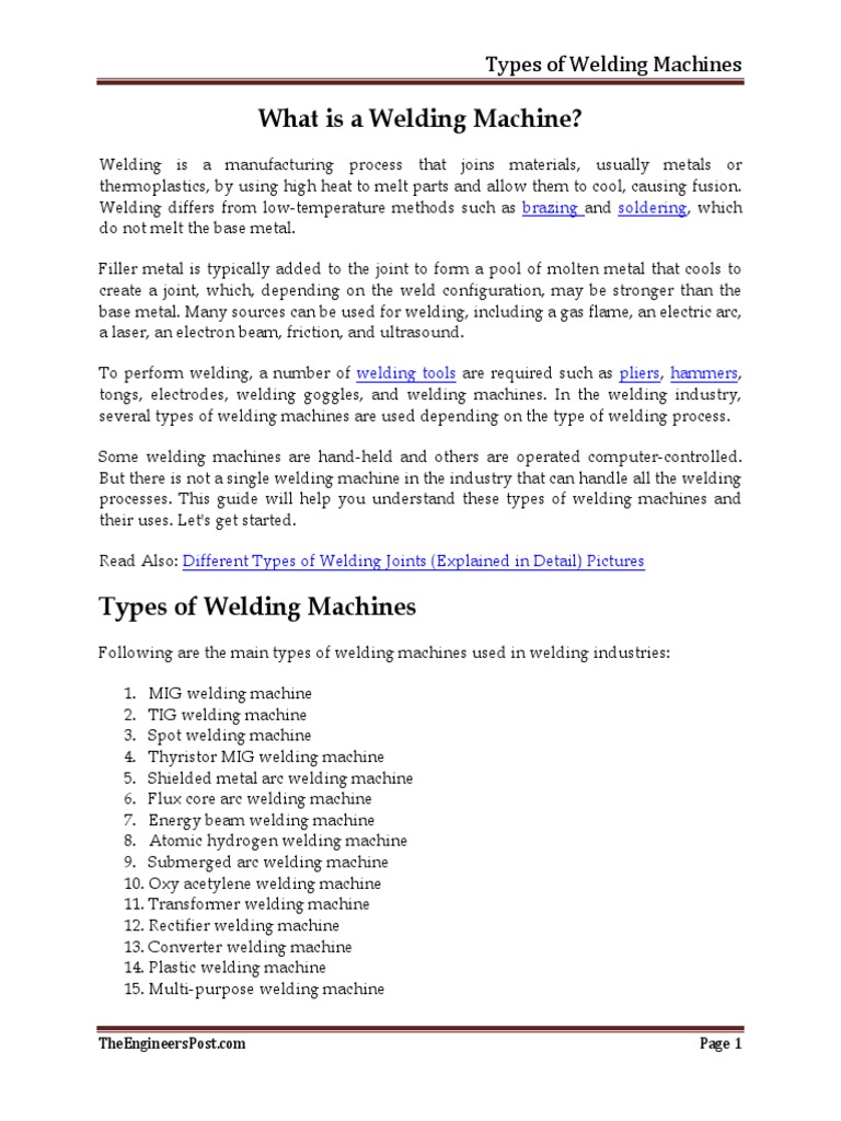 Types of Welding Machines PDF Construction Welding