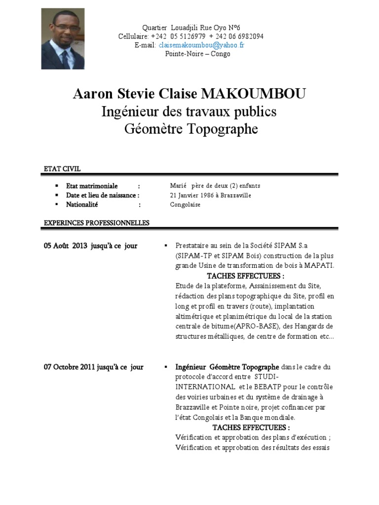 CV d'Aaron MAKOUMBOU, Géomètre Topographe | PDF | Topographie ...