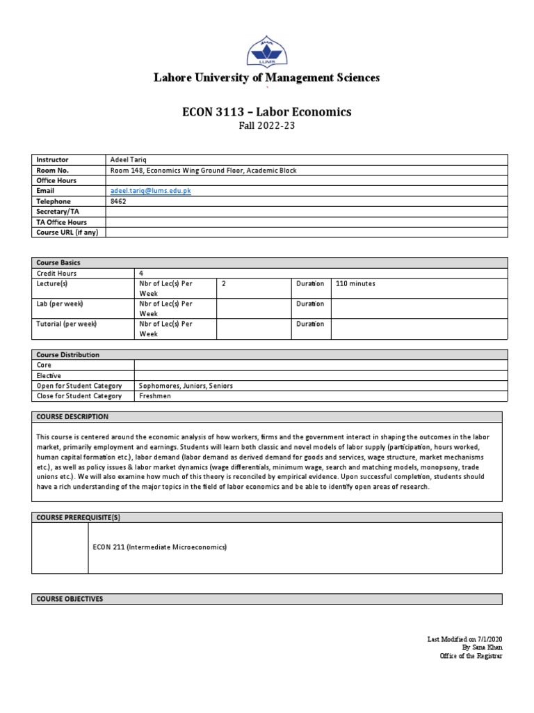 ECON 3113 Course Outline PDF Labour Economics Economics