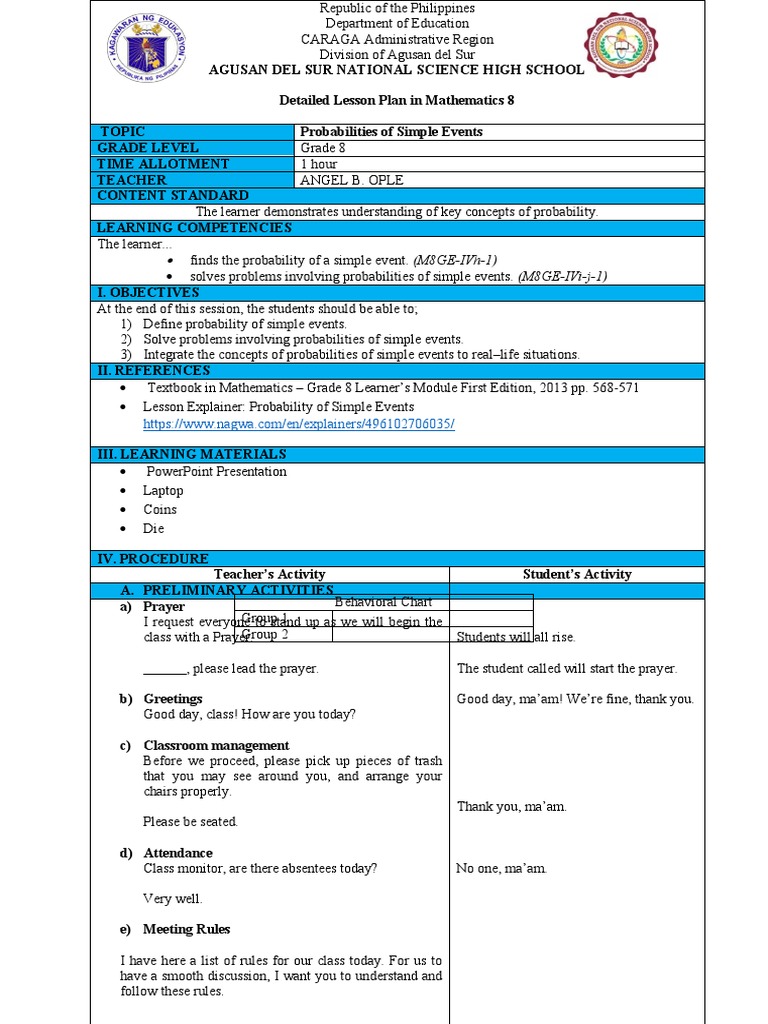 Grade 8 Lesson Plan: Simple Events Probability | PDF | Lesson Plan ...