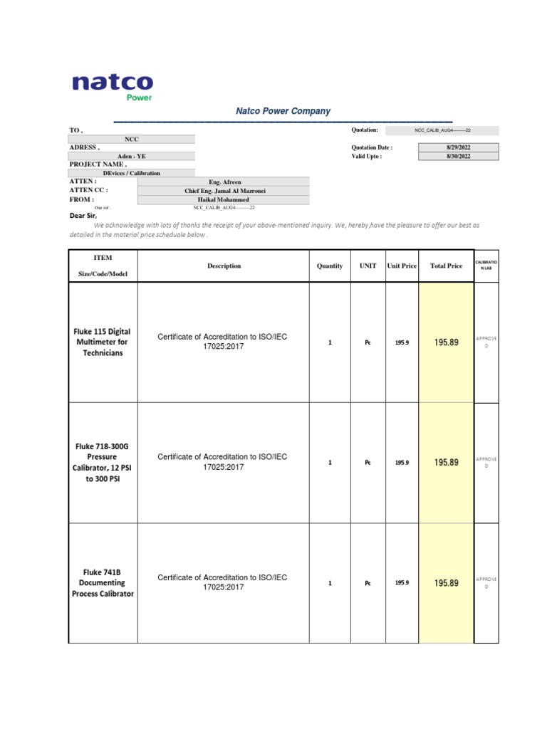 Natco Power Company Calibration Quotation PDF Value Added Tax Taxes