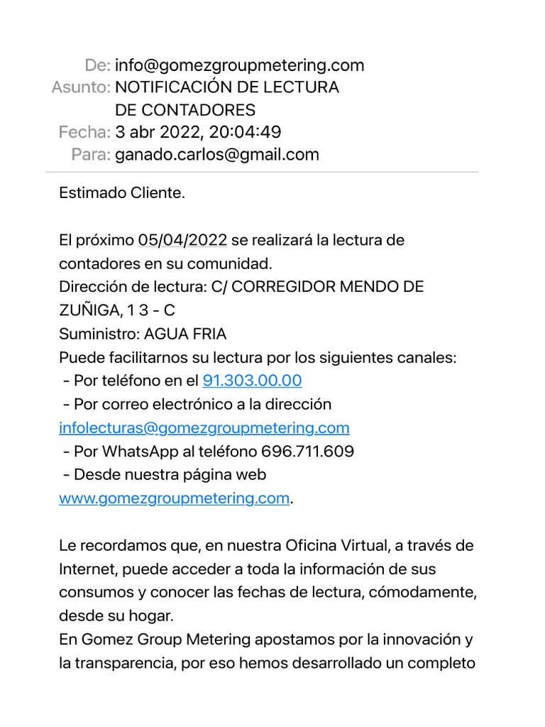 Notificación de Lectura de Contadores | PDF