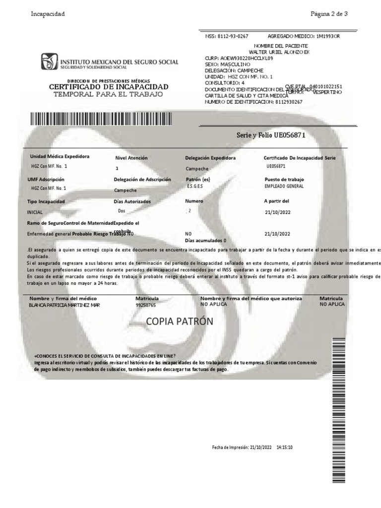 Certificado de Incapacidad IMSS Campeche | PDF | Ciencias de la Salud ...
