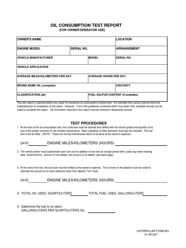 Oil Consumption Test Report Cat PDF Motor Oil Vehicles