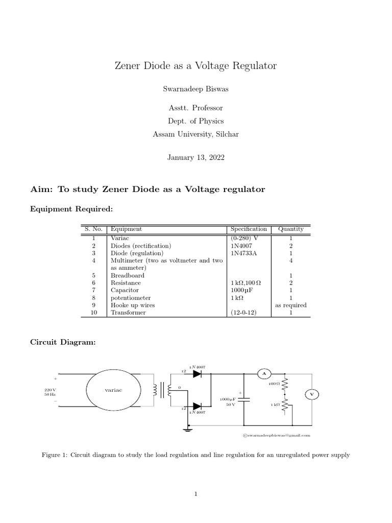 Characterizing the Performance of a Zener Diode Voltage Regulator