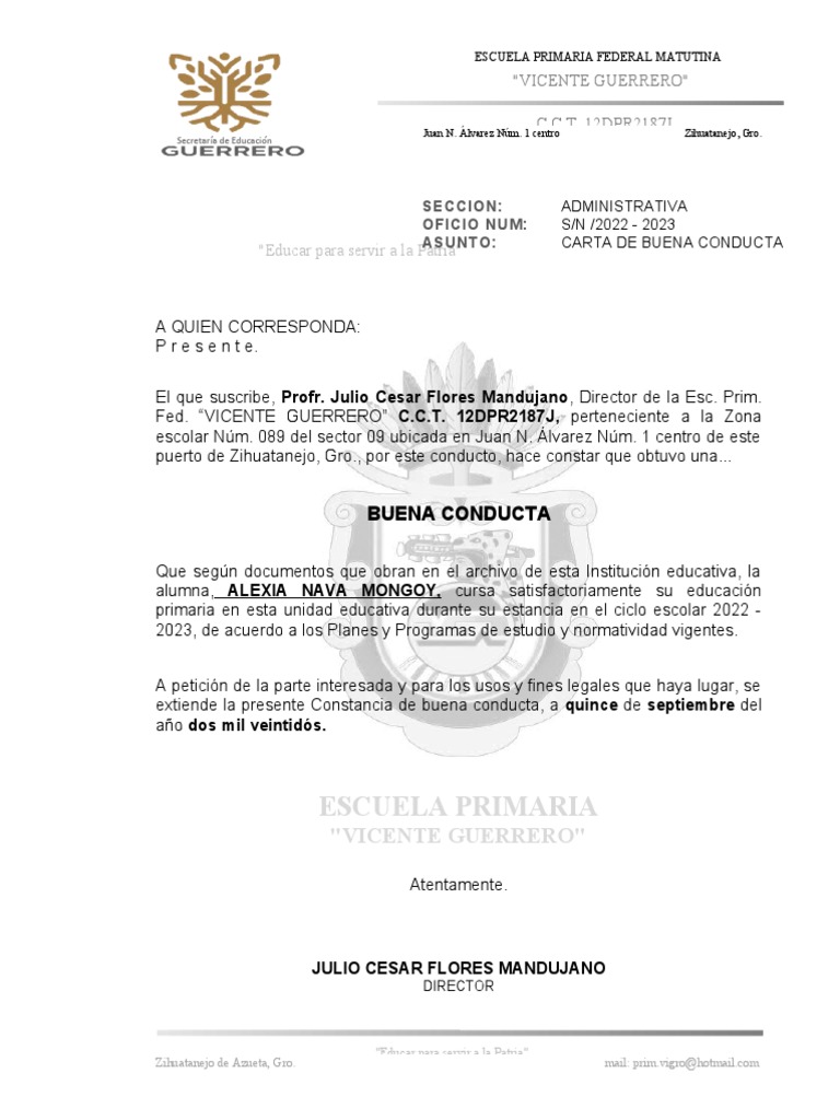 Carta de Buena Conducta Escolar | PDF