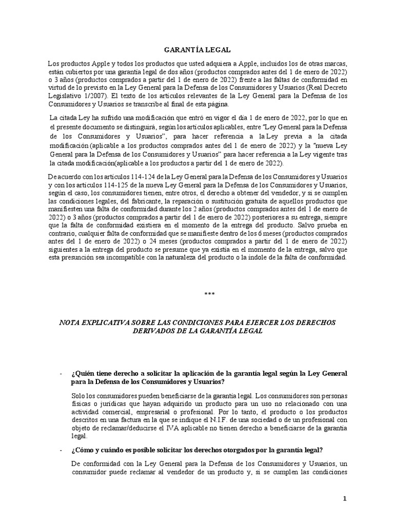 Spain Statutory Warranty PDF Los consumidores Apple Inc.