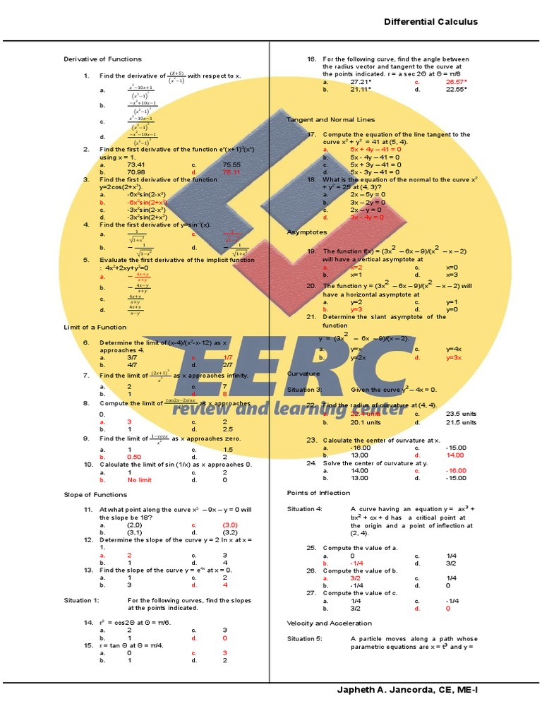 Differential Calculus EXAM ANSWEY KEY PDF Asymptote Tangent