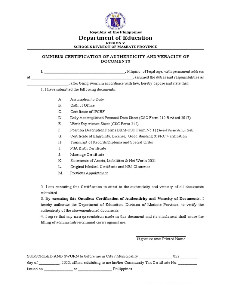 Omnibus Sworn Statement PDF Government