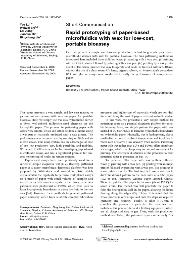 2009 Rapid Prototyping of Paper-Based Microfluidics With Wax For Low