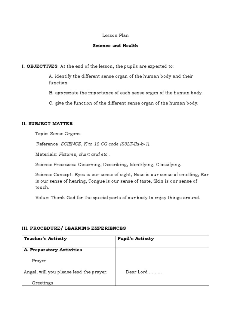 Five Senses Lesson Plan for Grade 1 | PDF | Senses | Taste