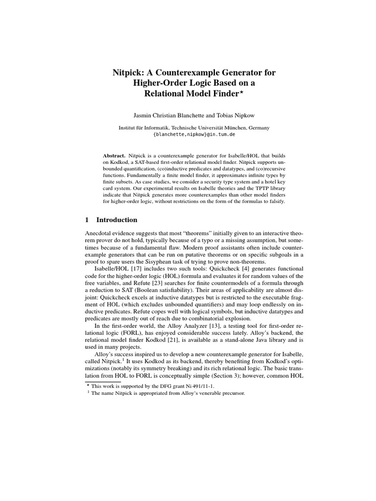 Nitpick A Counterexample Generator For HigherOrder Logic Based On A