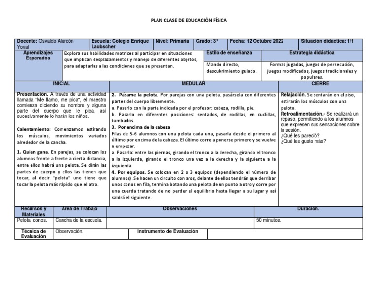 Plan Clase Educación Física | PDF | Maestros | Método de enseñanza