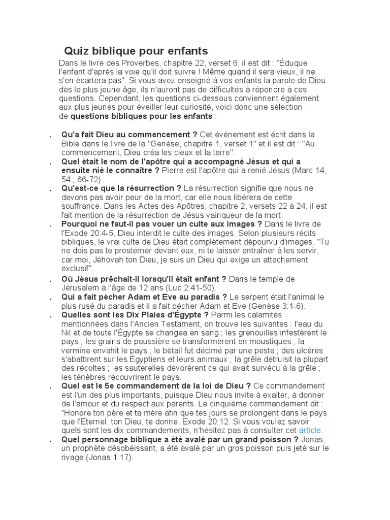 Quiz biblique pour enfants | PDF | Livre de la Genèse | Bible