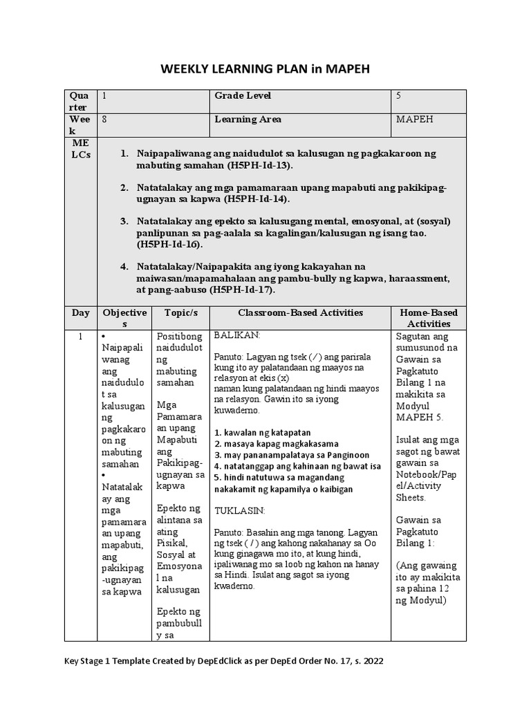 Weekly Learning Plan In Mapeh Week 8 Health Pdf