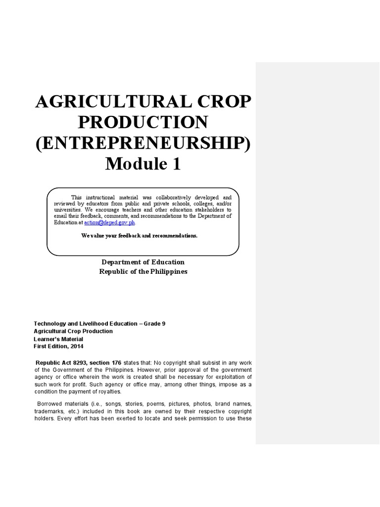 Agricultural Crop Production MODULE 1 PDF PDF Entrepreneurship Goal