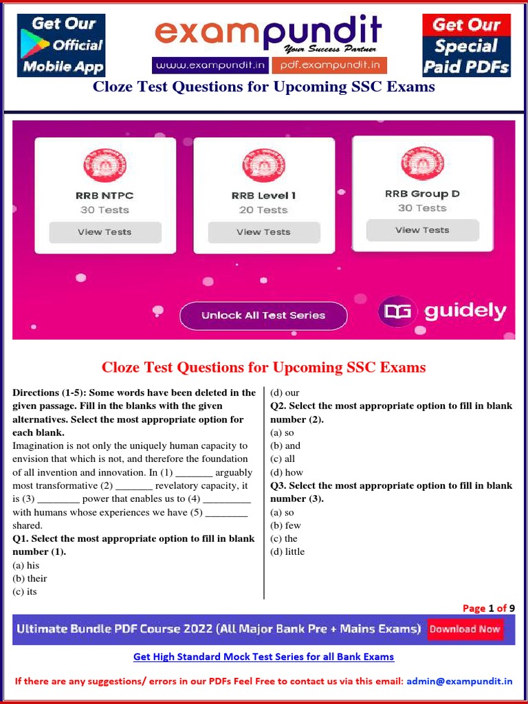 SSC Cloze Test Questions PDF Guide | PDF