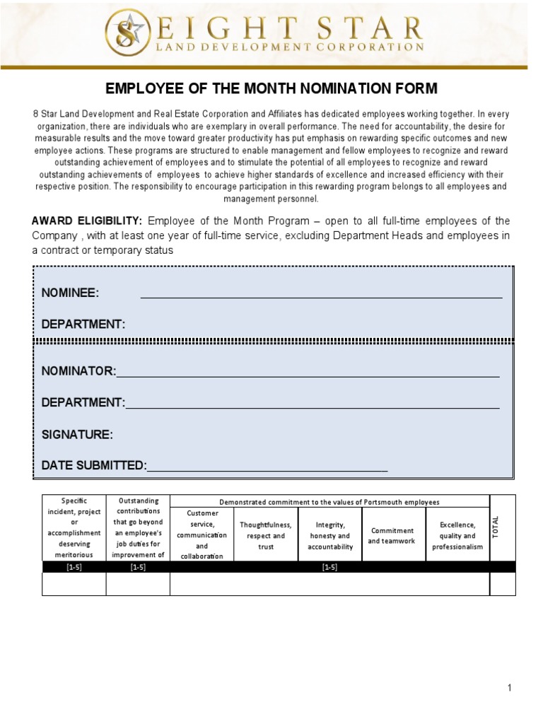Employee of the Month Nomination Form | PDF | Employment | Accountability