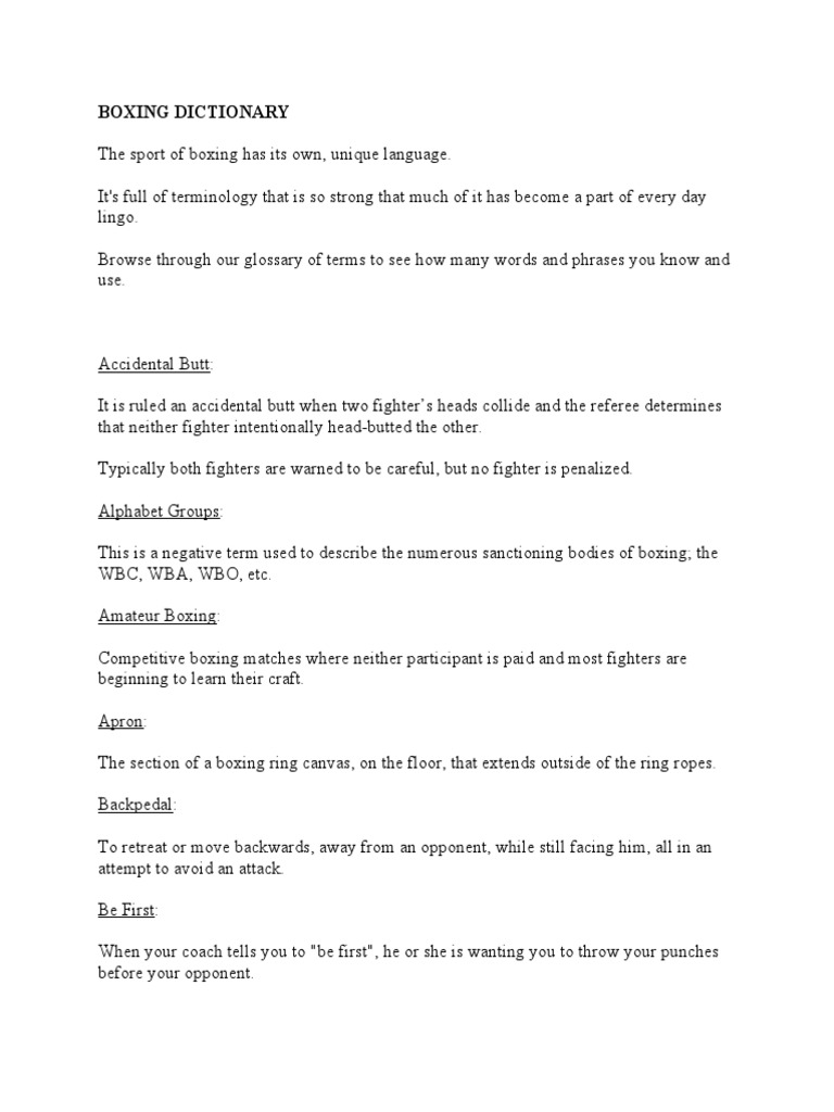 Boxing Terminology Glossary | PDF | Individual Sports | Combat