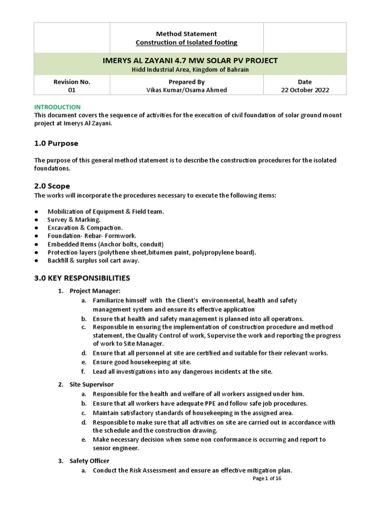 Isolated Footing Method Statement for Solar PV | PDF | Personal ...